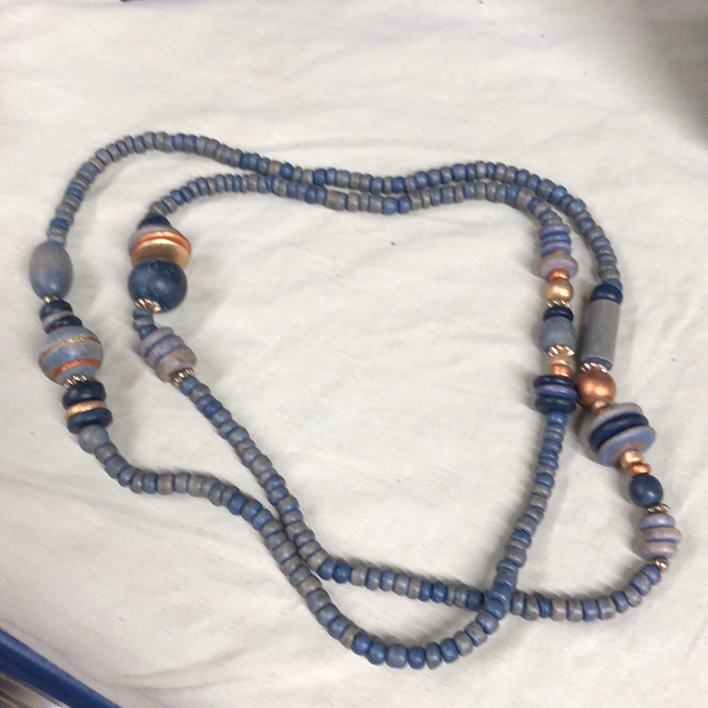 Blue and bronze wooden bead necklace